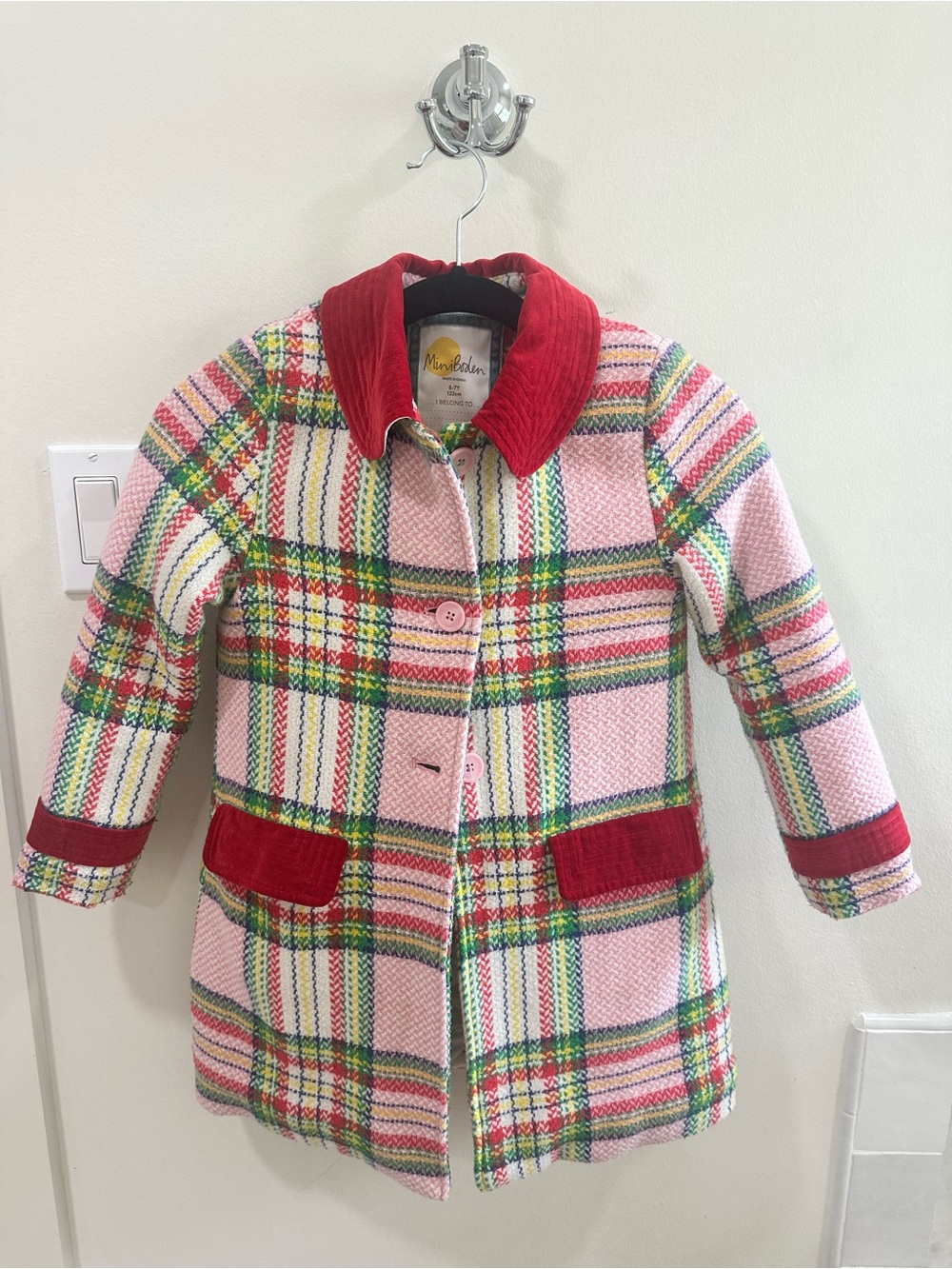 Mini Boden Pink Plaid Coat with Red Velvet Trim